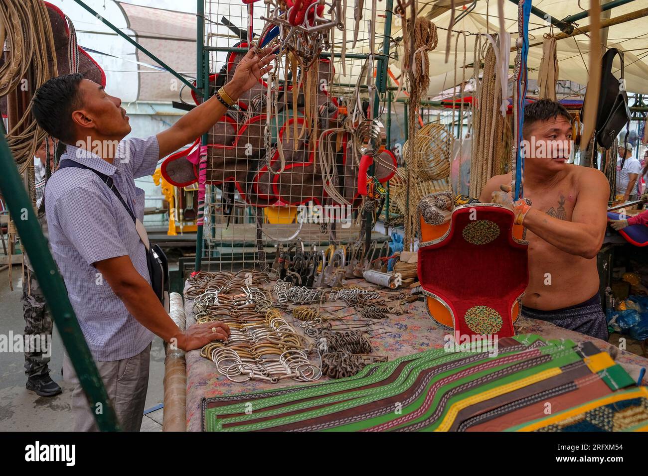 Ulaanbaatar, Mongolia - August 2, 2023: Saddles in the Narantuul Market
