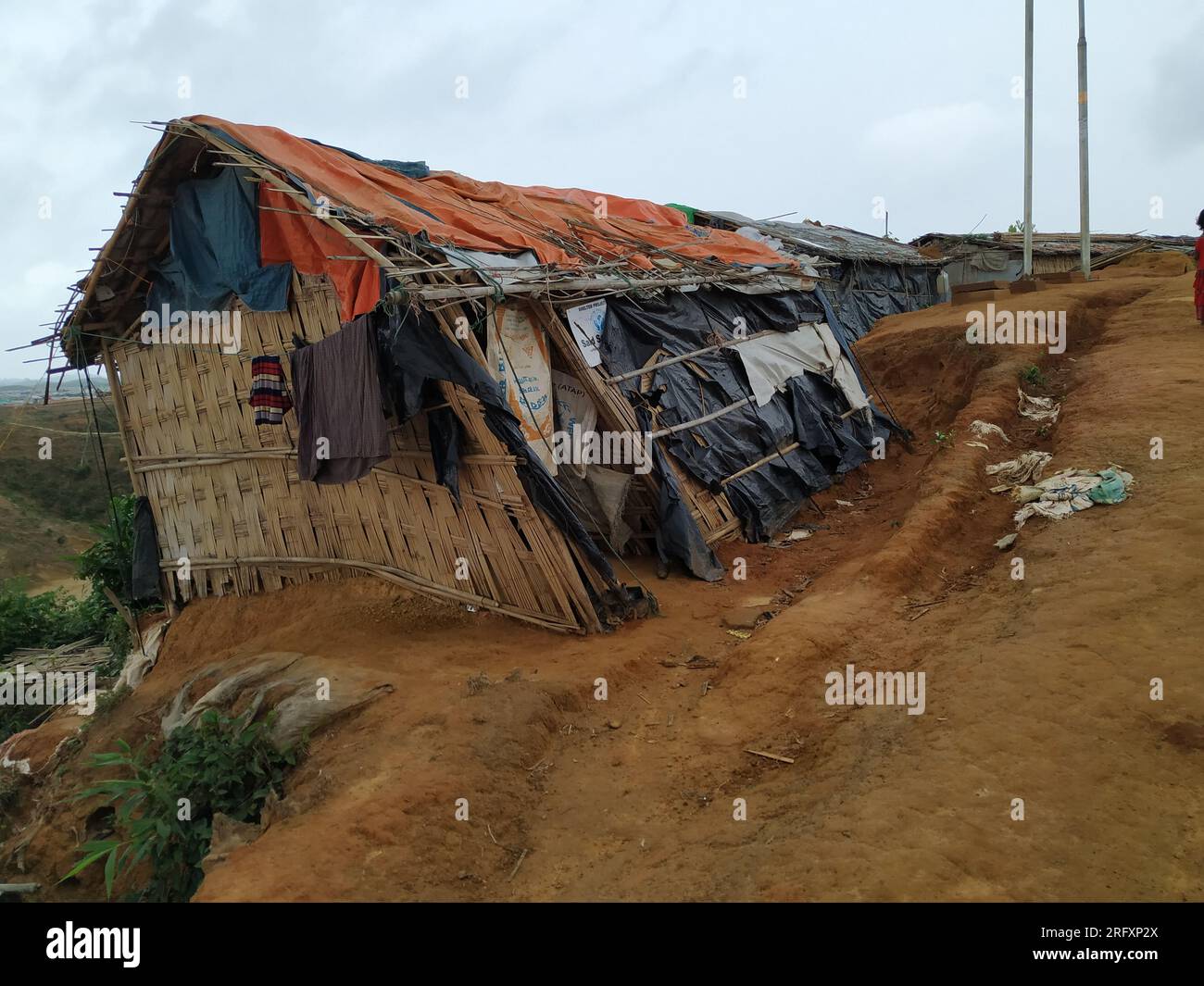 Rohingya refugee house and tent are broken and fall down collapse to