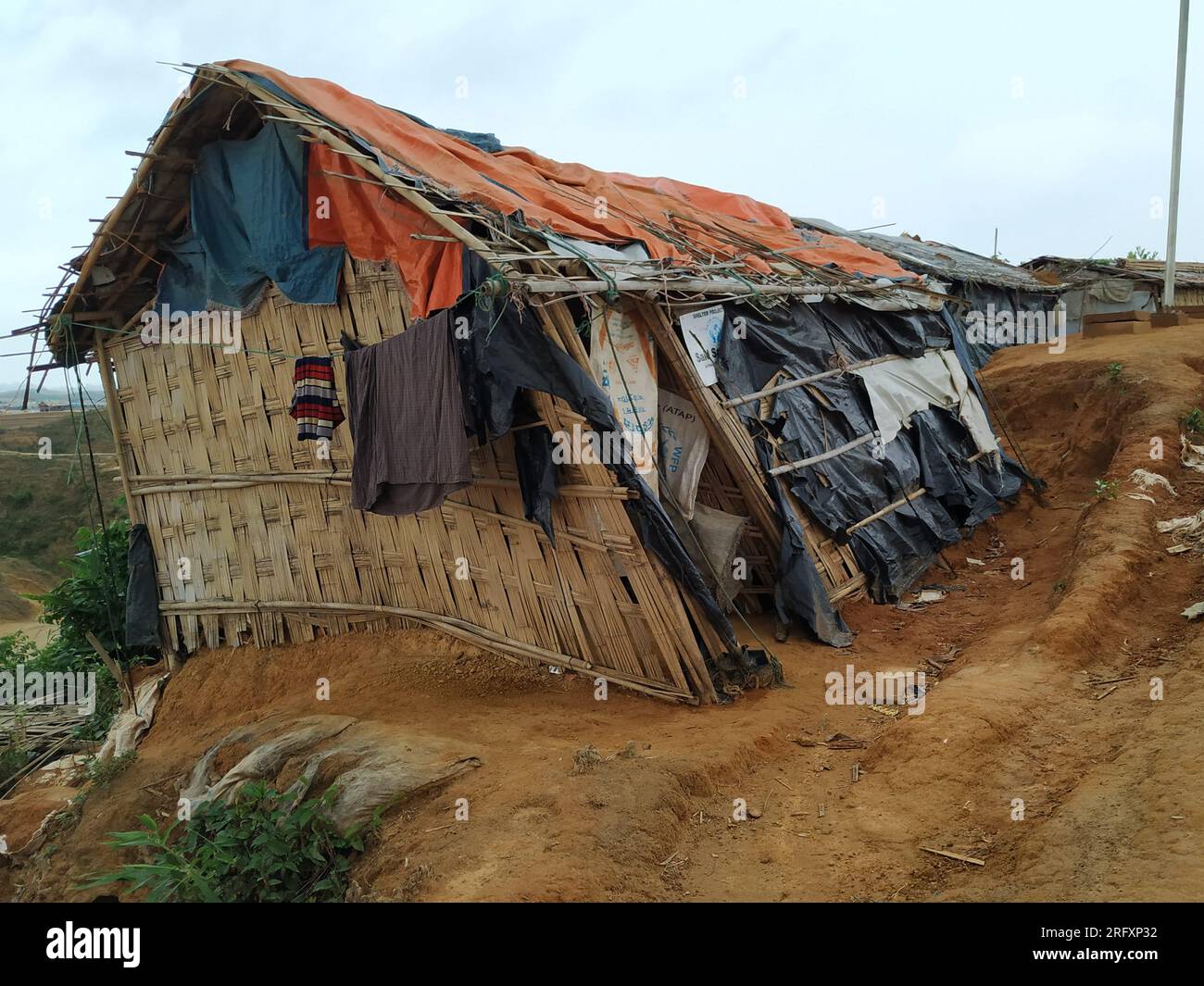 Rohingya refugee house and tent are broken and fall down collapse to