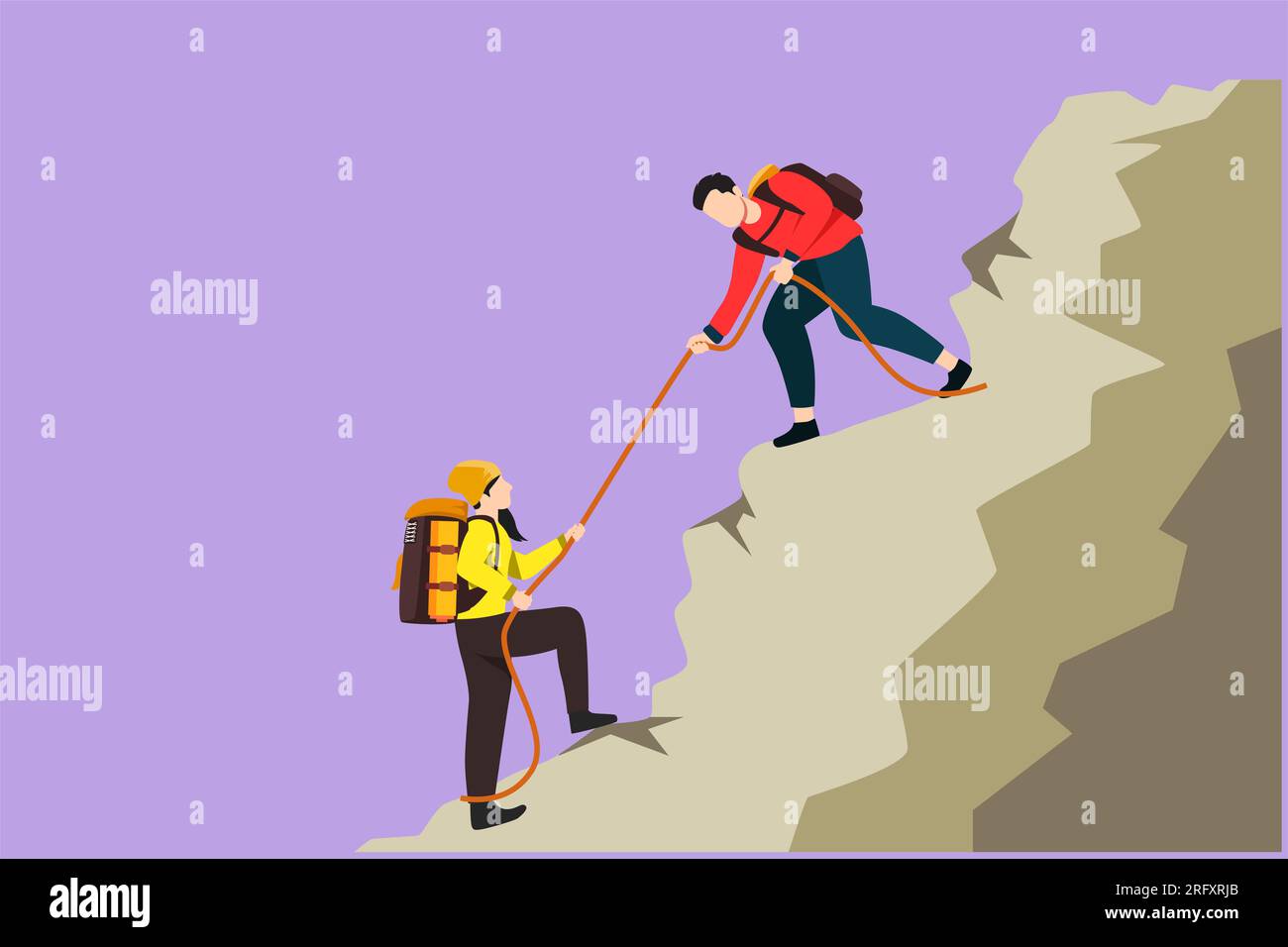 Character flat drawing of active man and woman hikers climbing up mountain and one of them helping to each other with rope, support in dangerous situa Stock Photo