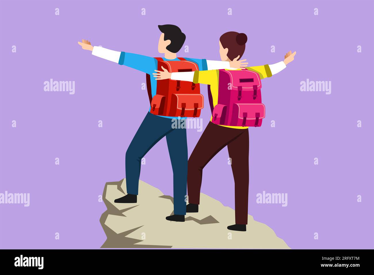 Cartoon flat style drawing back view of romantic couple hikers with raised hands in a mountain valley at sunrise. Travel, tourism, hike, holiday, adve Stock Photo