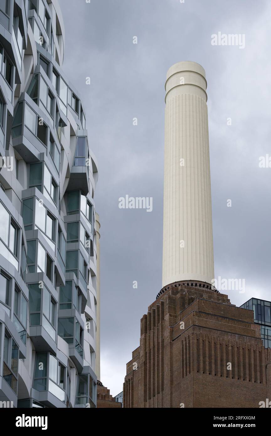 Exterior of Battersea Power Station with one of its chimneys opposite