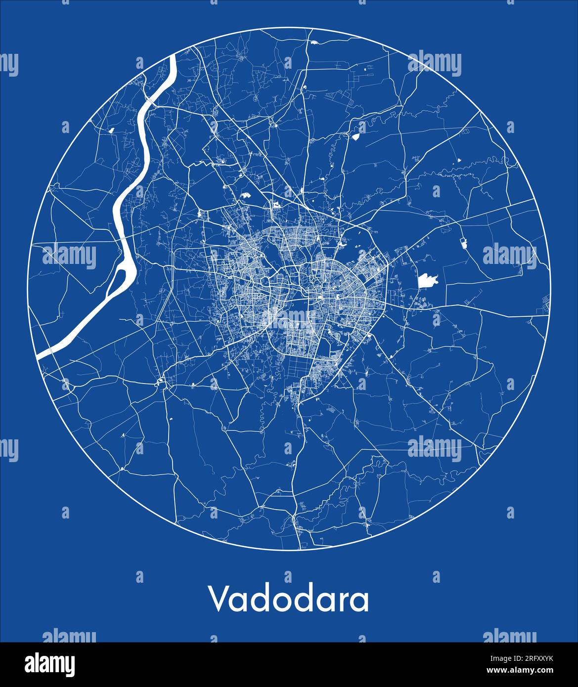 City Map Vadodara India Asia blue print round Circle vector illustration Stock Vector