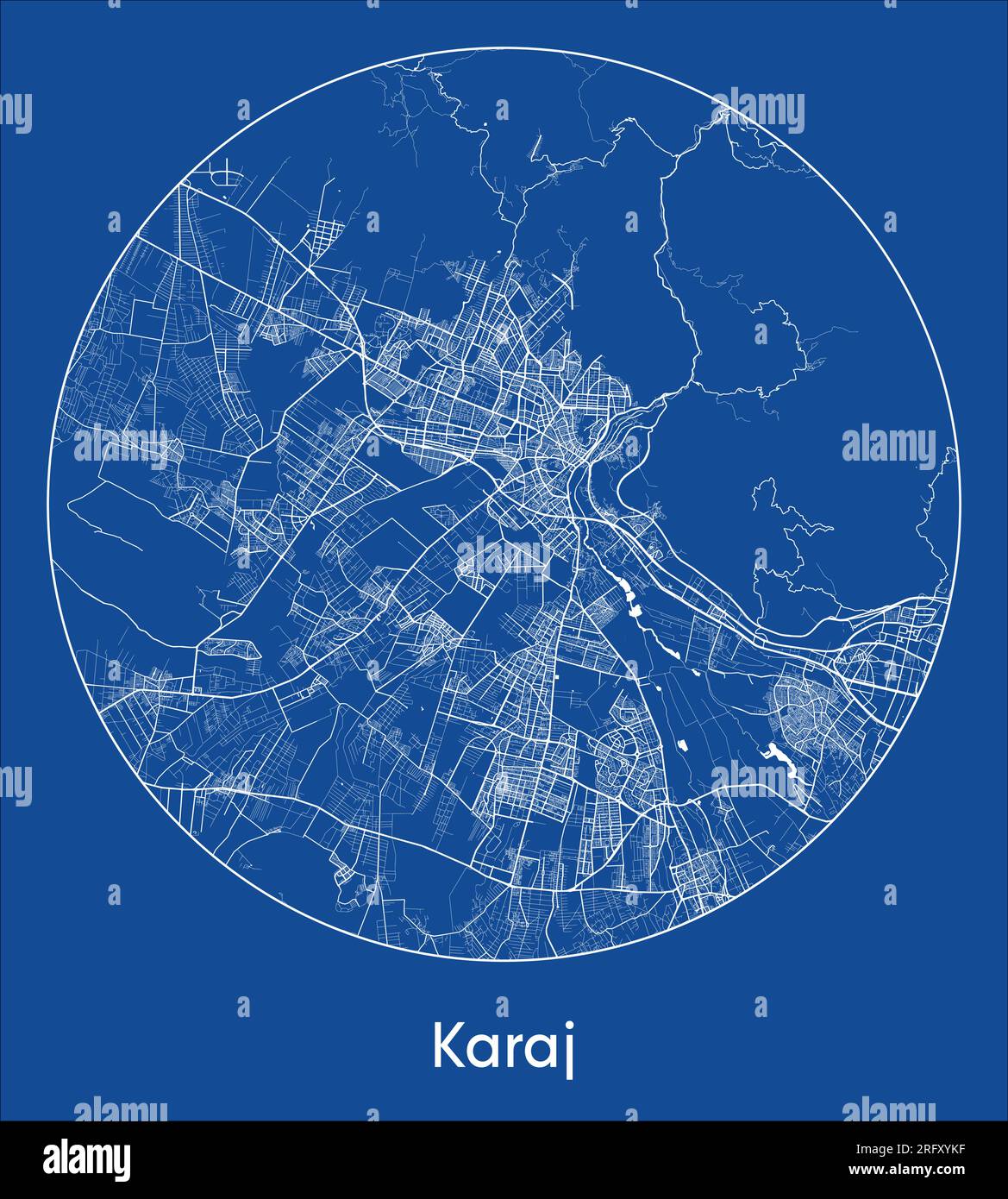 City Map Karaj Iran Asia blue print round Circle vector illustration Stock Vector