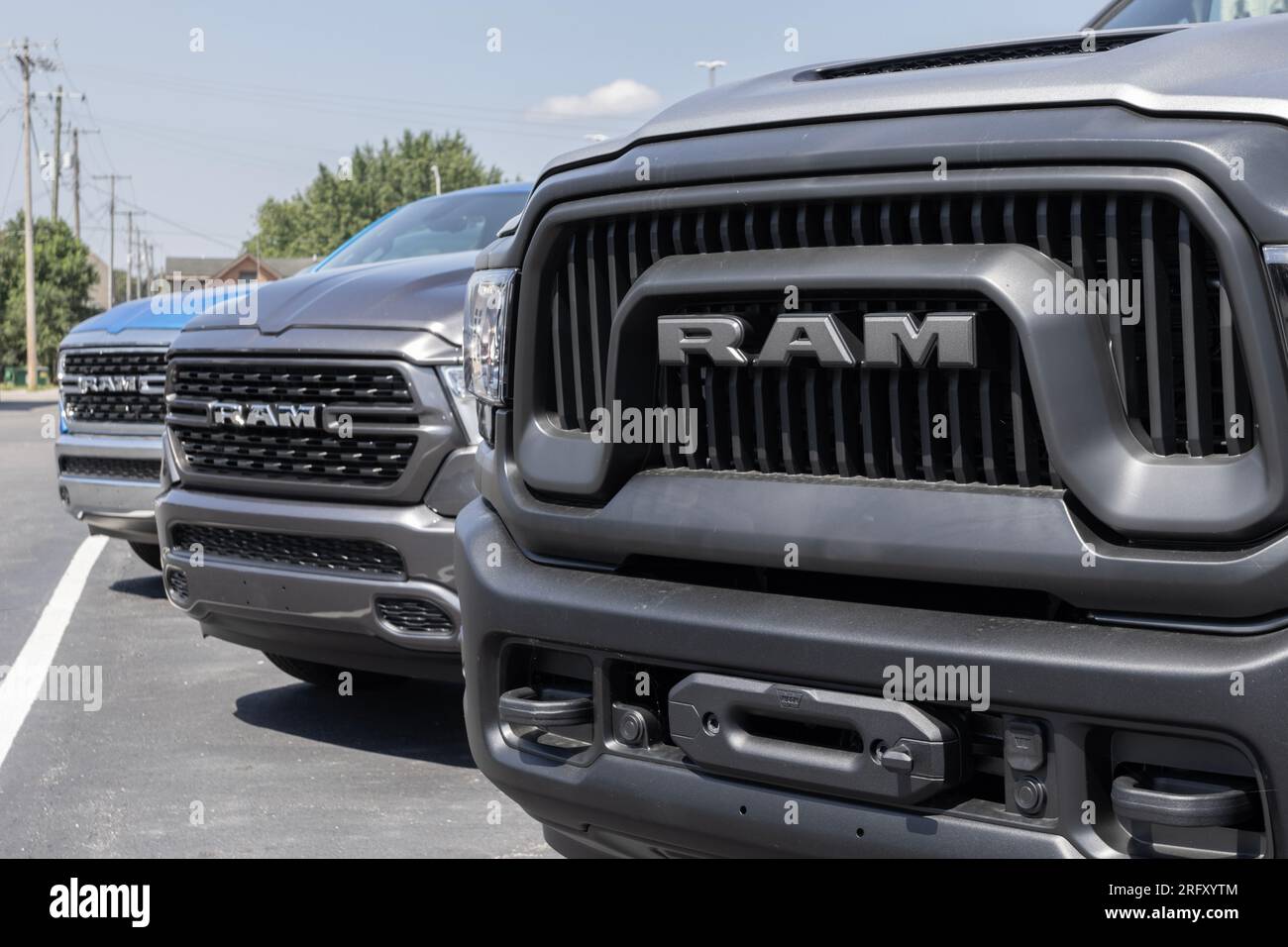 Logansport August 3, 2023 Ram 2500 and 1500 pickup truck display at a dealership. Stellantis