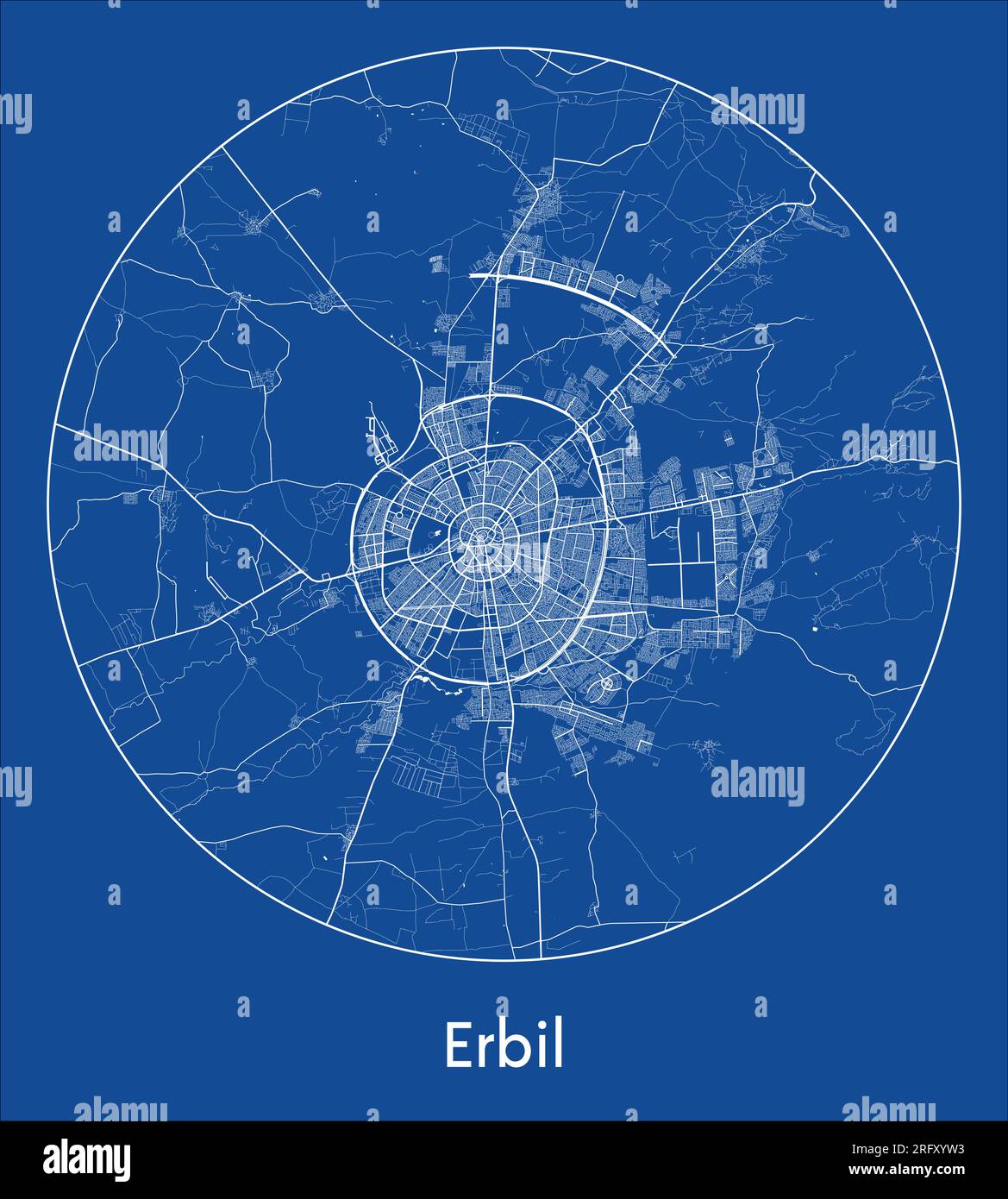 City Map Erbil Iraq Asia blue print round Circle vector illustration Stock Vector
