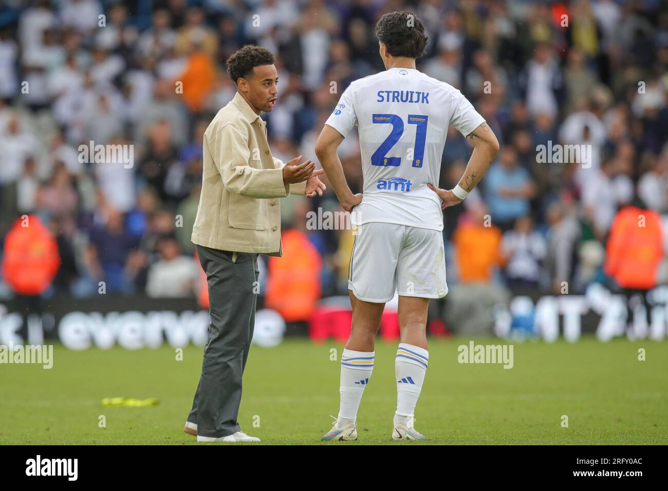 Tyler Adams #12 of Leeds United talks with Archie Gray #22 of Leeds United  after the Sky Bet Championship match Leeds United vs Cardiff City at Elland  Road, Leeds, United Kingdom, 6th