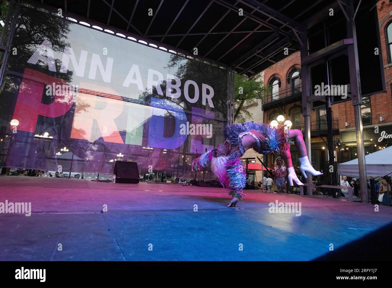 Ann Arbor, Michigan, USA. 5th Aug, 2023. A performer flips backwards