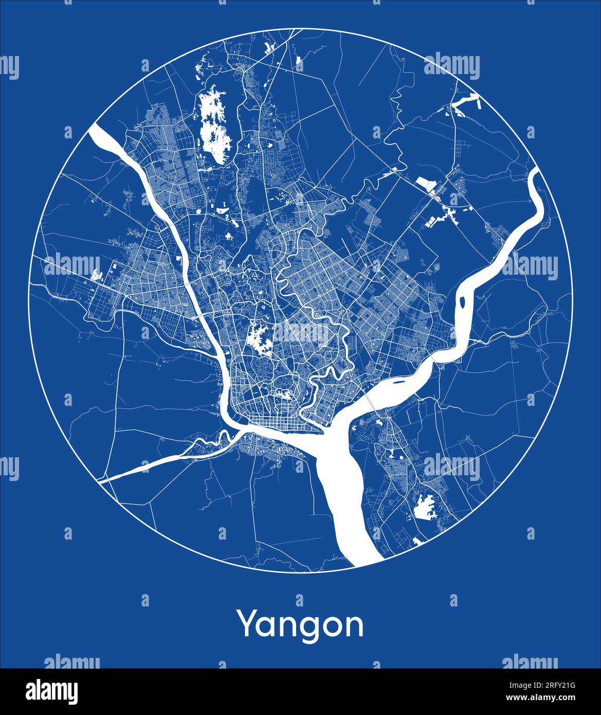 City Map Yangon Myanmar Asia blue print round Circle vector illustration Stock Vector