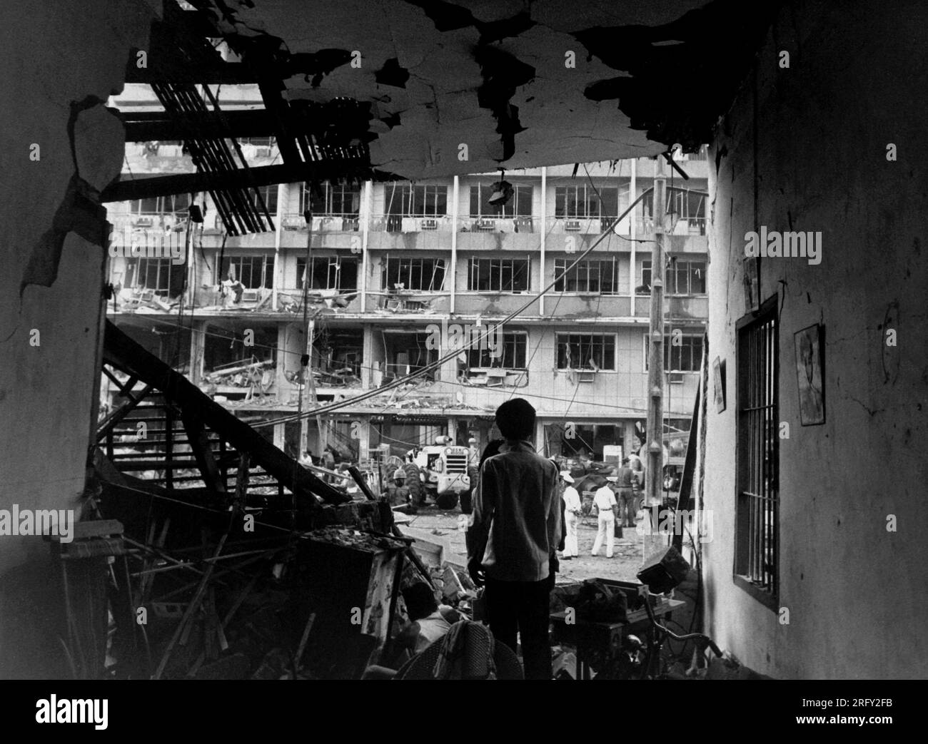 SAIGON, VIETNAM - 01 April 1966 - Four Vietnamese and three Americans were killed and dozens of Vietnamese buildings were heavily damaged during a Vie Stock Photo