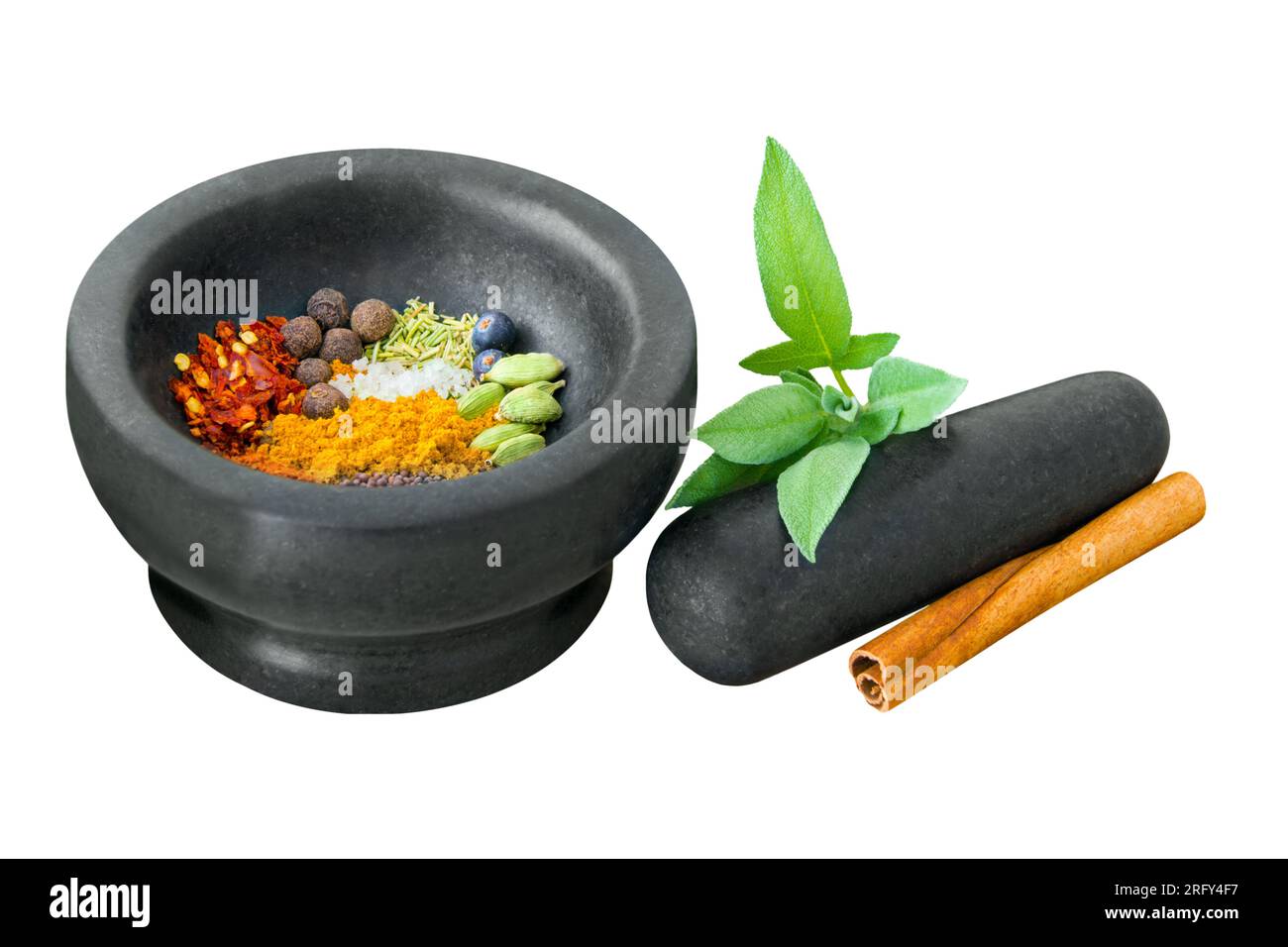 Various spices and herbage with mortar isolated on white background Stock Photo