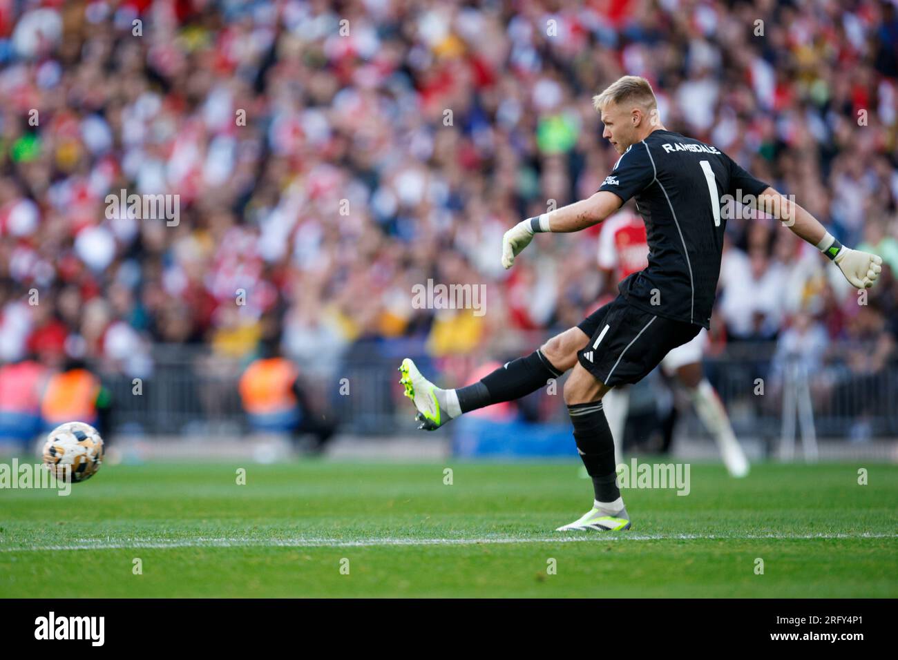 Arsenal's goalkeeper Aaron Ramsdale kicks the ball during the English ...