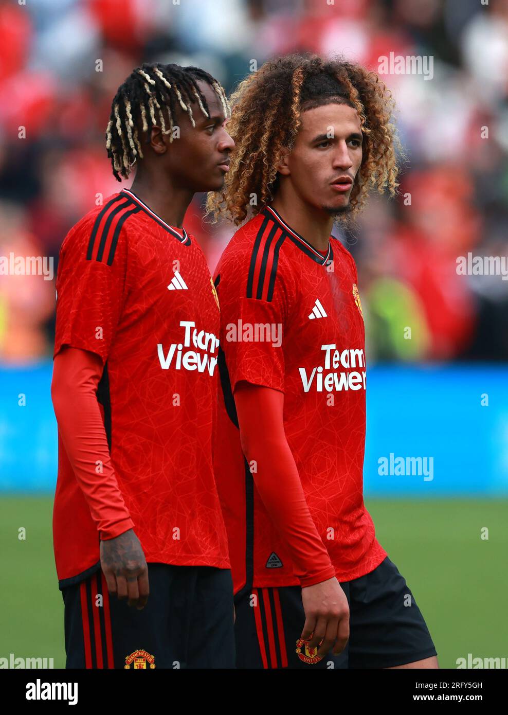 Manchester United's Noam Emeran and Hannibal Mejbri react following the pre-season friendly match at the Aviva Stadium, Dublin. Picture date: Sunday August 6, 2023. Stock Photo