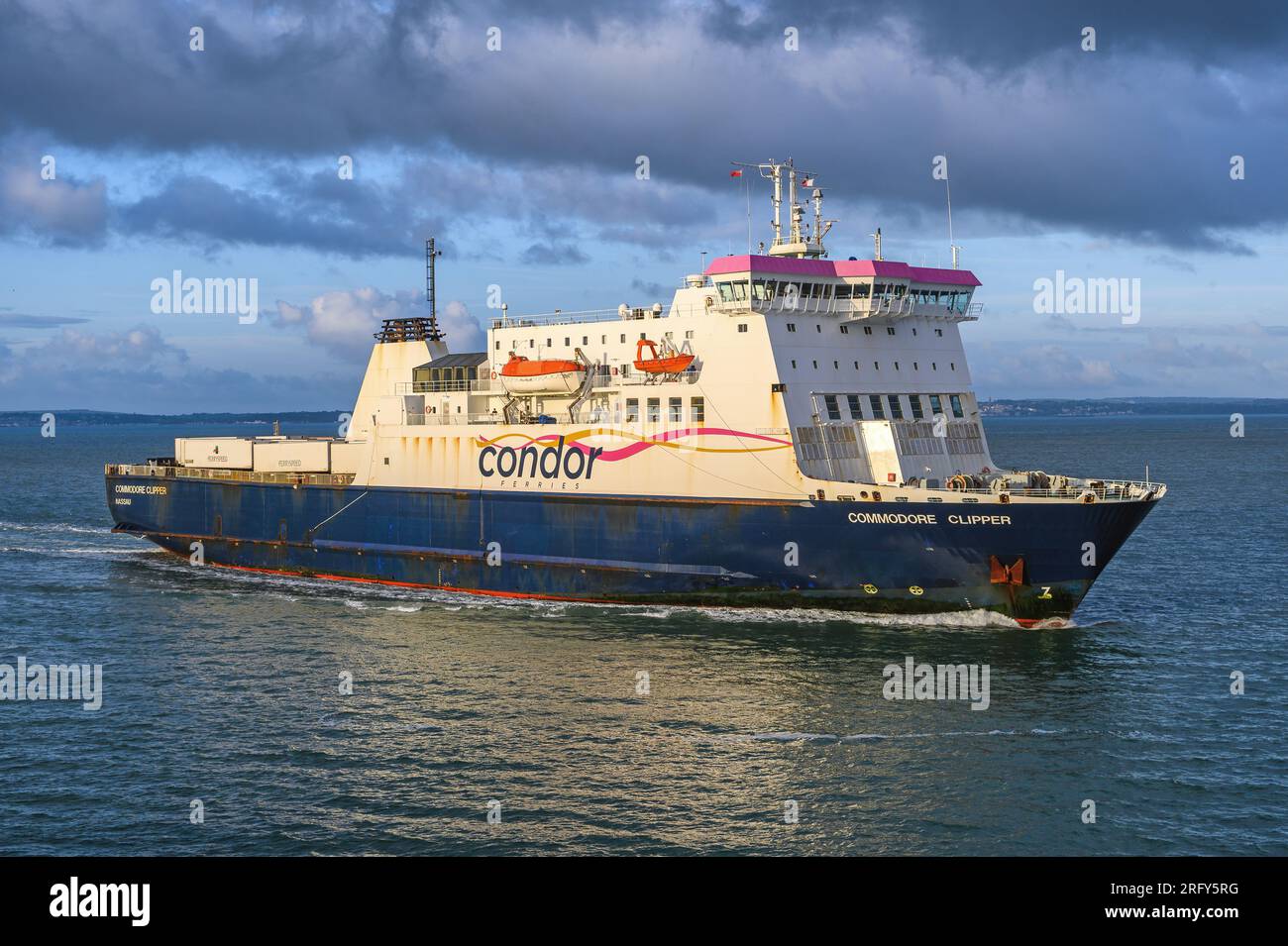 Commodore Clipper is a cross-Channel ROPAX ferry operated by Condor Ferries between Portsmouth, Guernsey and Jersey. Stock Photo