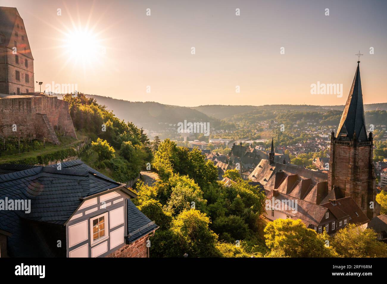 The beautiful university town of Marburg an der Lahn. Great historic old town with many half-timbered houses and small alleys. Wheelhouse, squares Stock Photo