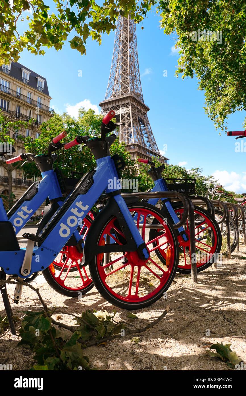 Paris, France. August 06. 2023. Bike rental from the Dott brand, in the