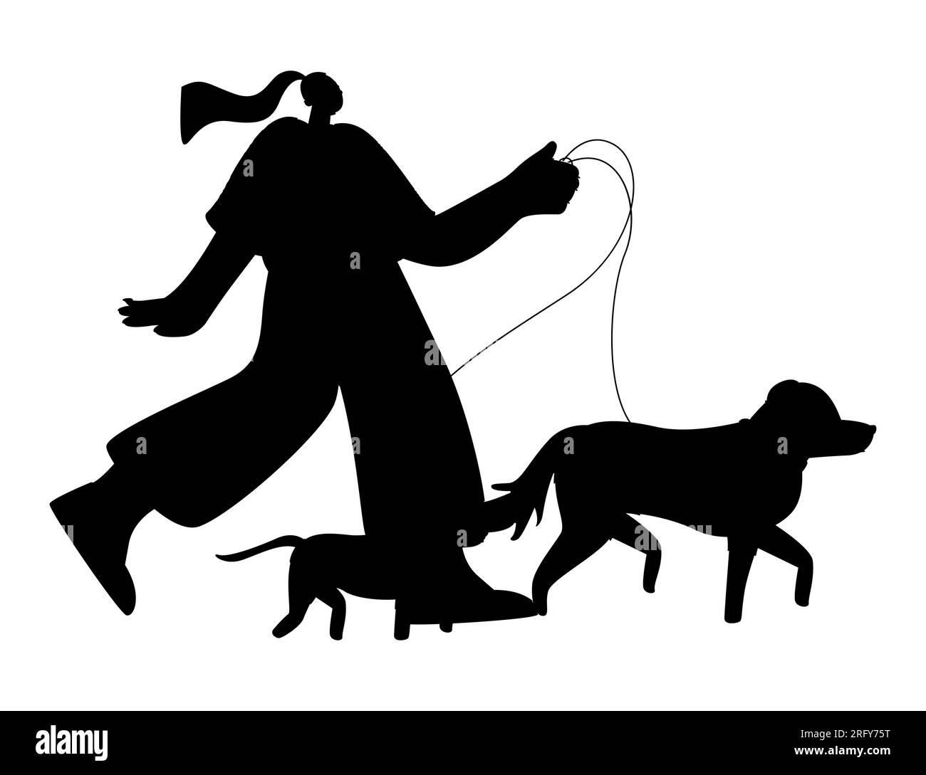 Black silhouette of a cartoon woman walking dogs outside, vector isolated on white background Stock Vector