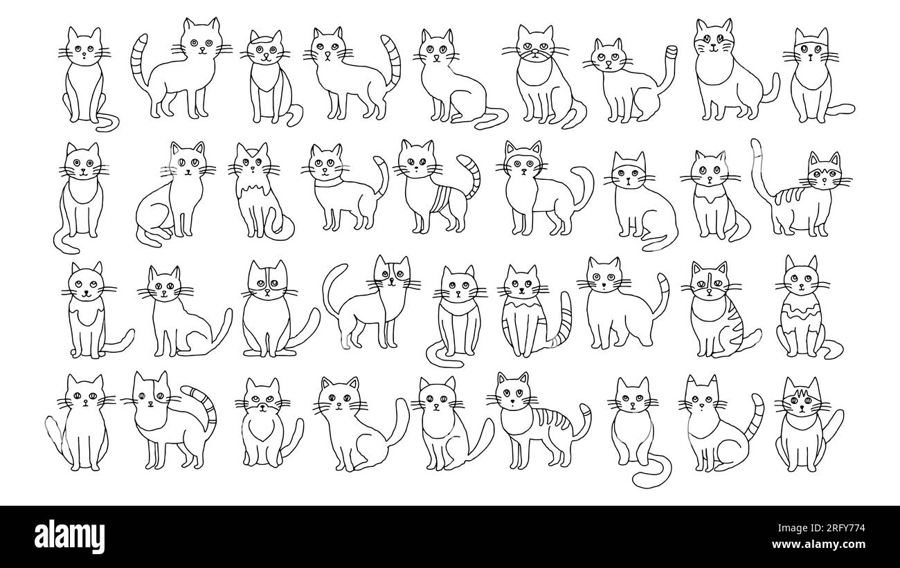 Set of 36 cartoon cats. Black and white simple linear vector illustration isolated on white background. Children s book illustrations, fairy tales, coloring pages, web design, banners, flyers, shops Stock Vector