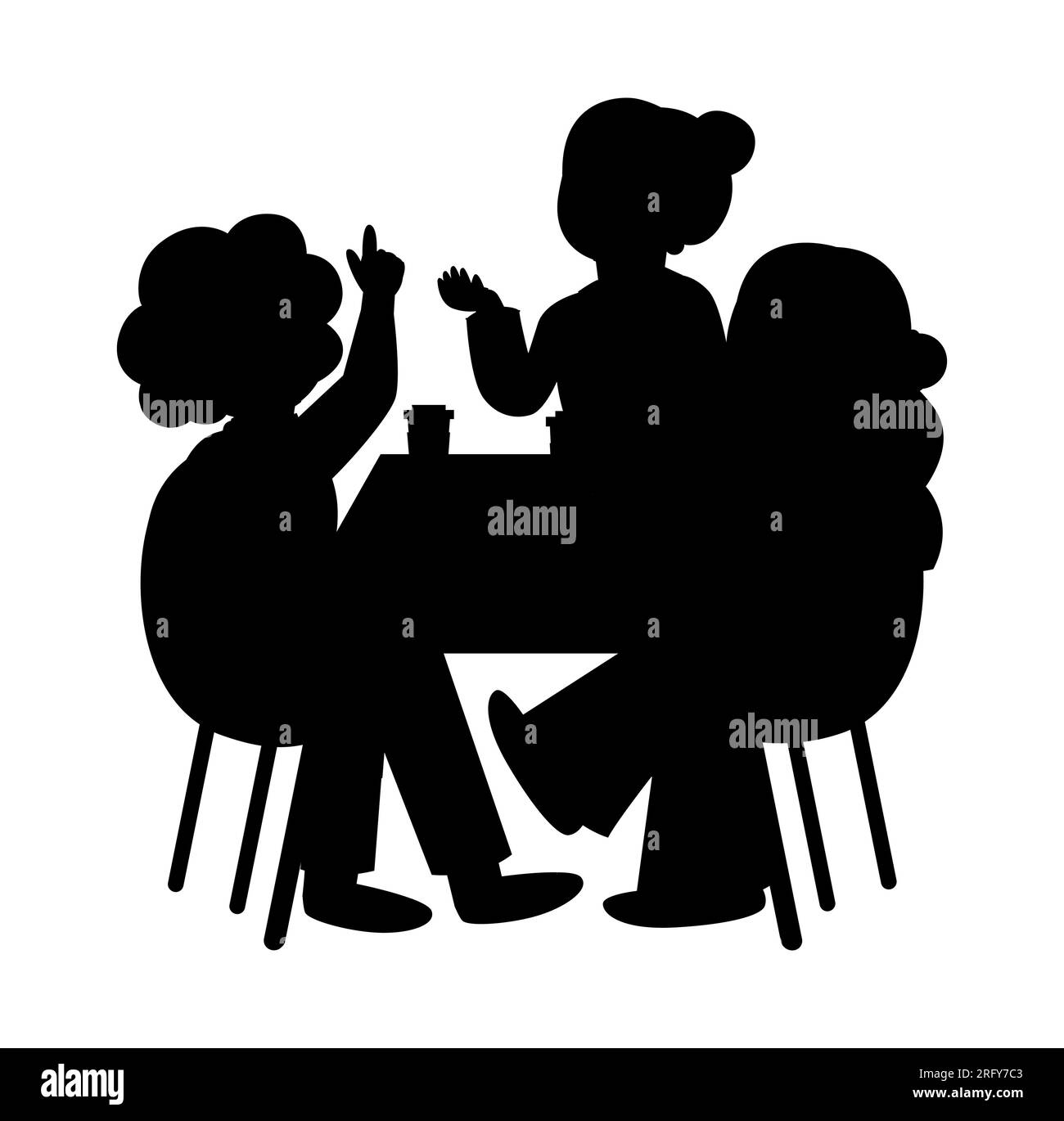 Black silhouette of young students having lunch in the cafeteria while sitting on the chairs and talking, vector isolated on white background Stock Vector