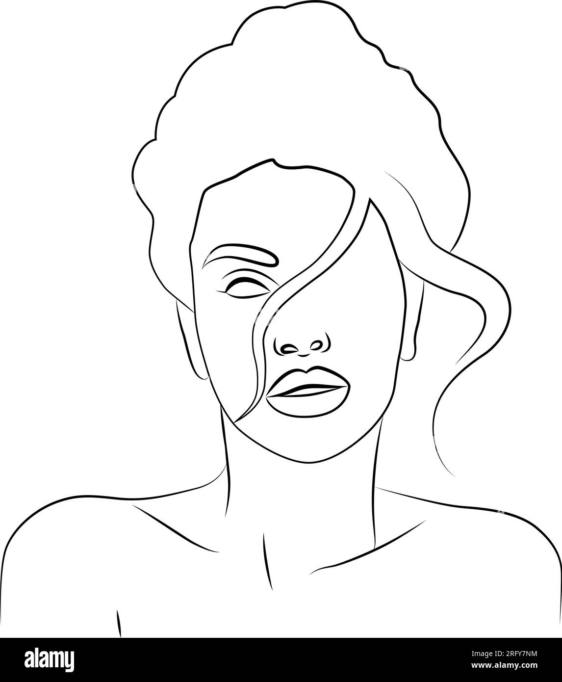 Portrait by line. The face of a young girl with her eyes closed, drawn ...