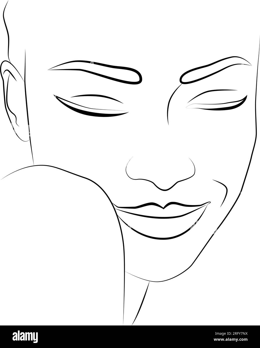 Portrait by line. The face of a young girl with her eyes closed, drawn ...