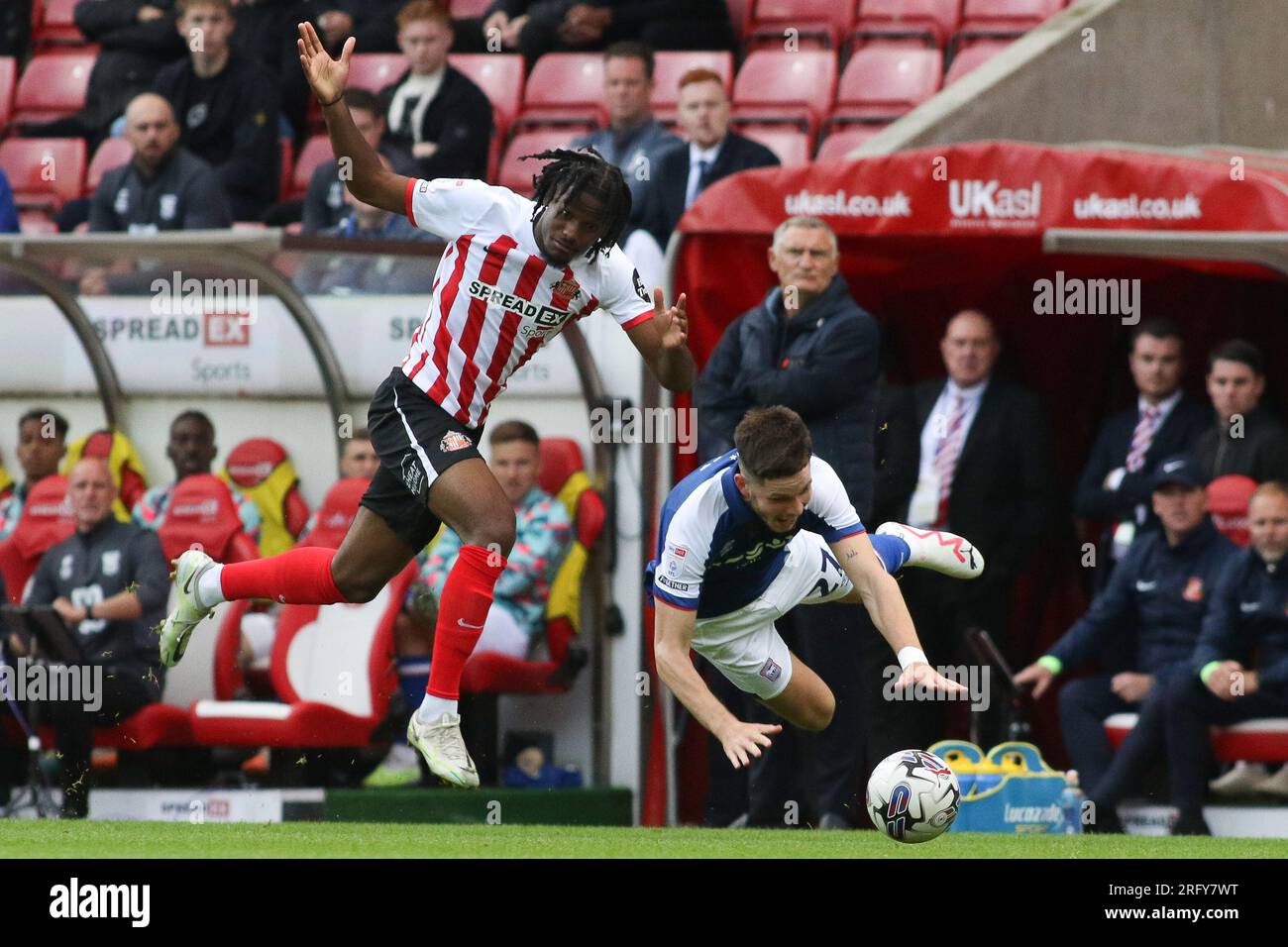 Ipswich Town's George Hirst is fouled by Sunderland's Pierre Ekwah during the Sky Bet Championship match between Sunderland and Ipswich Town at the Stadium Of Light, Sunderland on Sunday 6th August 2023. (Photo: Michael Driver | MI News) Credit: MI News & Sport /Alamy Live News Stock Photo