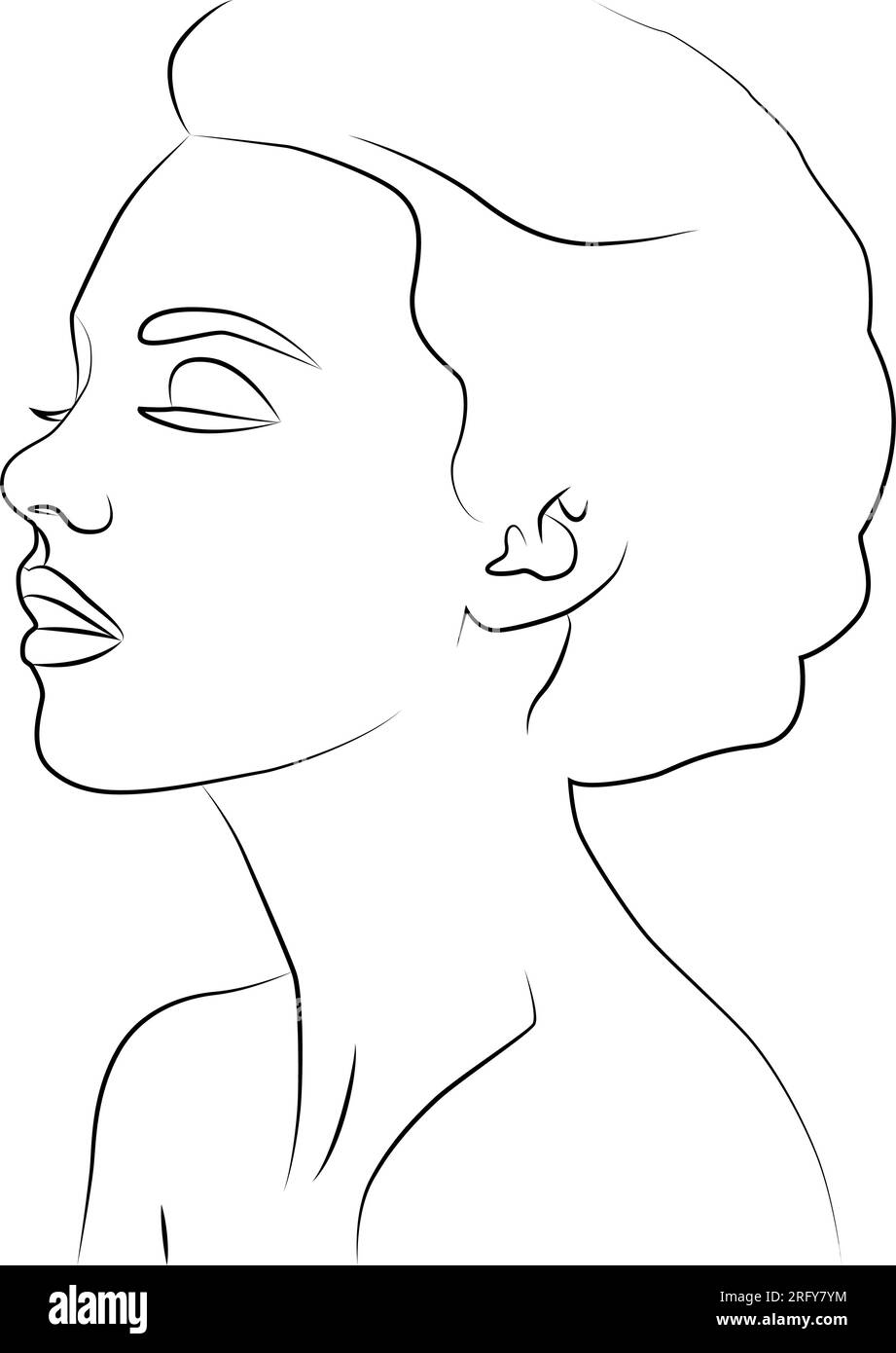 Portrait by line. The face of a young girl with her eyes closed, drawn ...