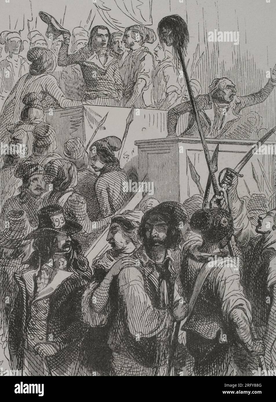 French Revolution. National Convention (1792-1794). It replaced the Legislative Assembly in September 1792, by universal suffrage, abolishing the monarchy and establishing a republic. Insurrectionists in the Assembly. Engraving. 'Los Héroes y las Grandezas de la Tierra'. Volume V. 1855. Stock Photo