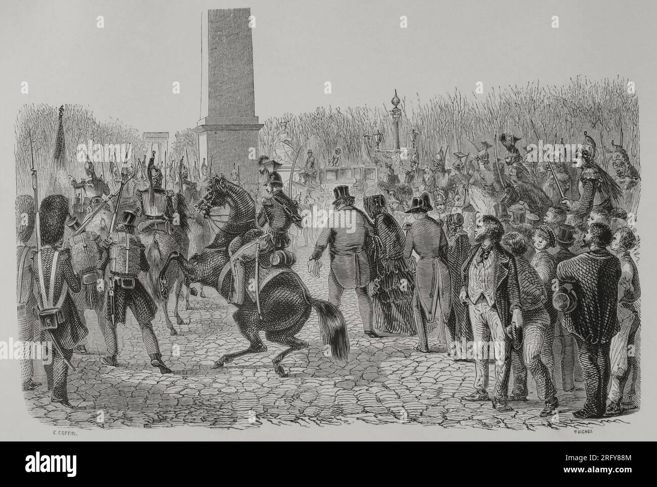 French Revolution of 1848. The Parisians took up arms on 23 and 24 February 1848, leading to the abdication of King Louis-Philippe I (1773-1850). The crowd storming the Tuileries on 24 February 1848, the king's refusal to grant universal suffrage. Louis-Philippe I and his family fleeing Paris. Engraving by E. Coppin and Trichon. 'Los Héroes y las Grandezas de la Tierra'. Volume V, 1855. Stock Photo