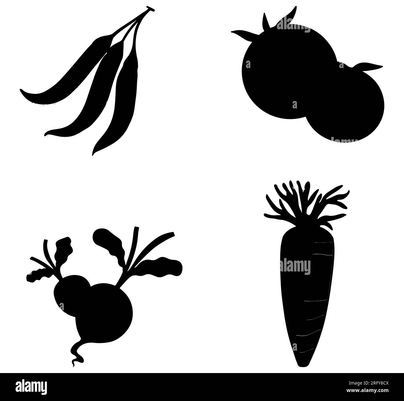 Black silhouettes of vegetables, carrots, beetroot, tomatoes, and peas, healthy veggies vector isolated on white background Stock Vector