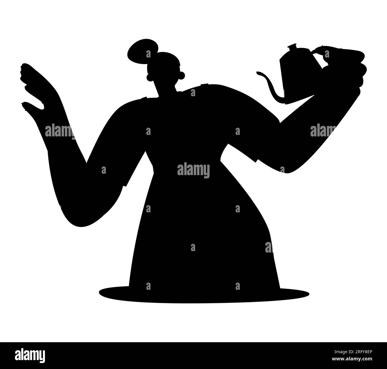 Black silhouette of a woman holding a teapot in her hands to pour tea, female doing home chores in the kitchen, vector isolated on white background Stock Vector