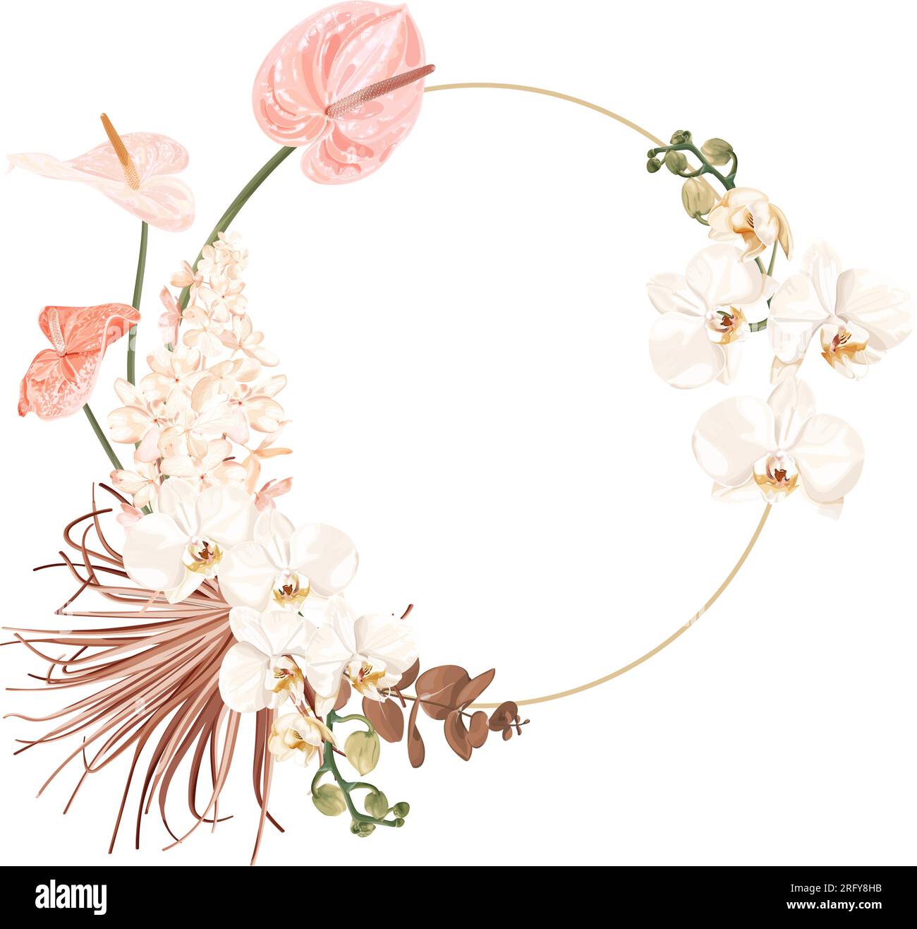 Boho, bohemian wreath with white phalaenopsis orchid flowers, anthurium,  hydrangea, palm leaves, eucalyptus Stock Vector Image & Art - Alamy