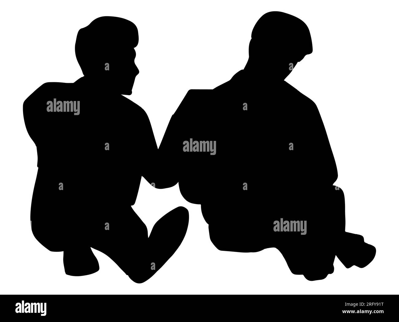 Black silhouette of a man comforting his friend who is sad and under stress, a young male facing anxiety, vector isolated Stock Vector