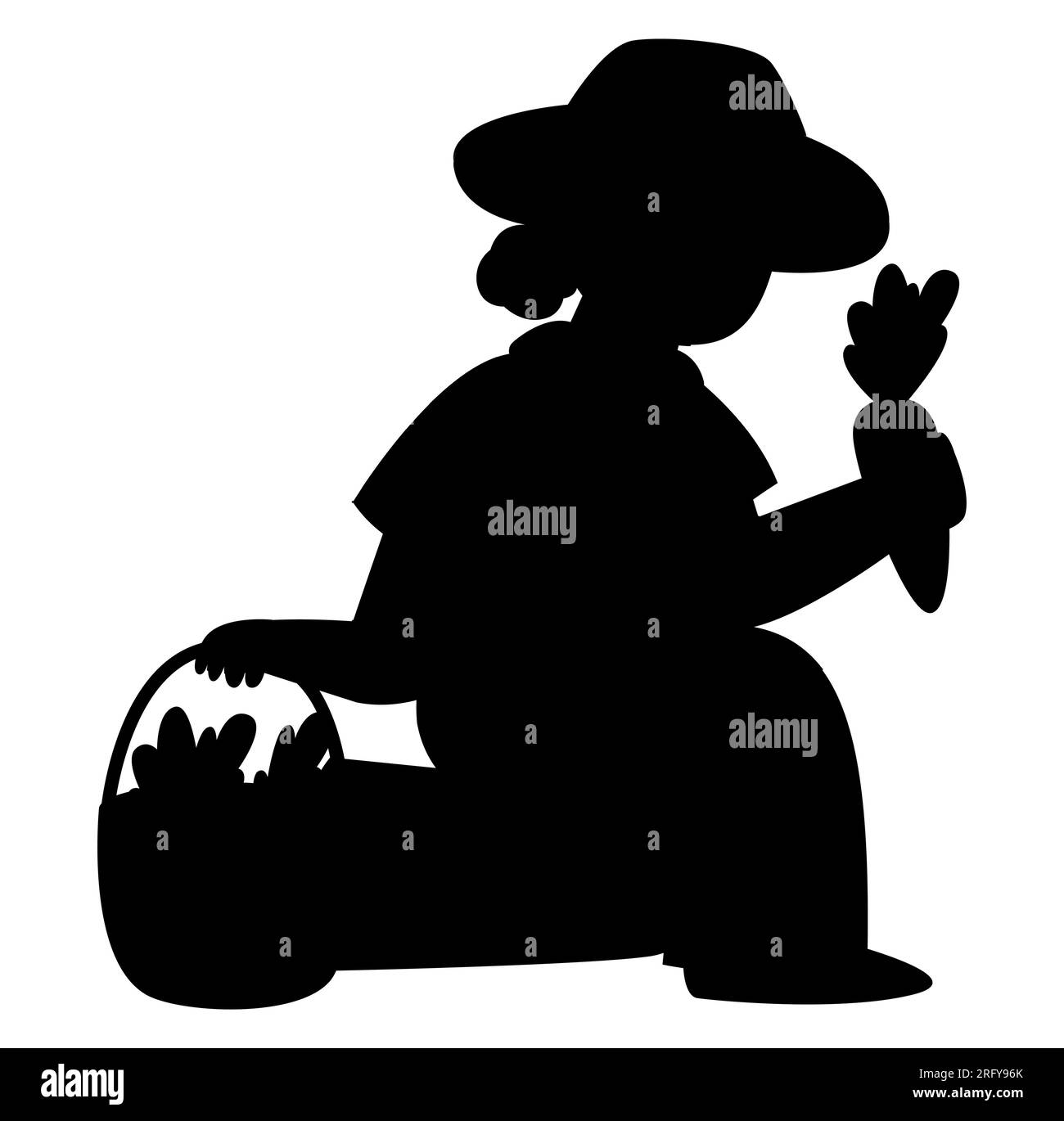 Black silhouette of a cartoon female farmer holding carrots in hands after carrot harvesting, a woman wearing hat in country side Stock Vector
