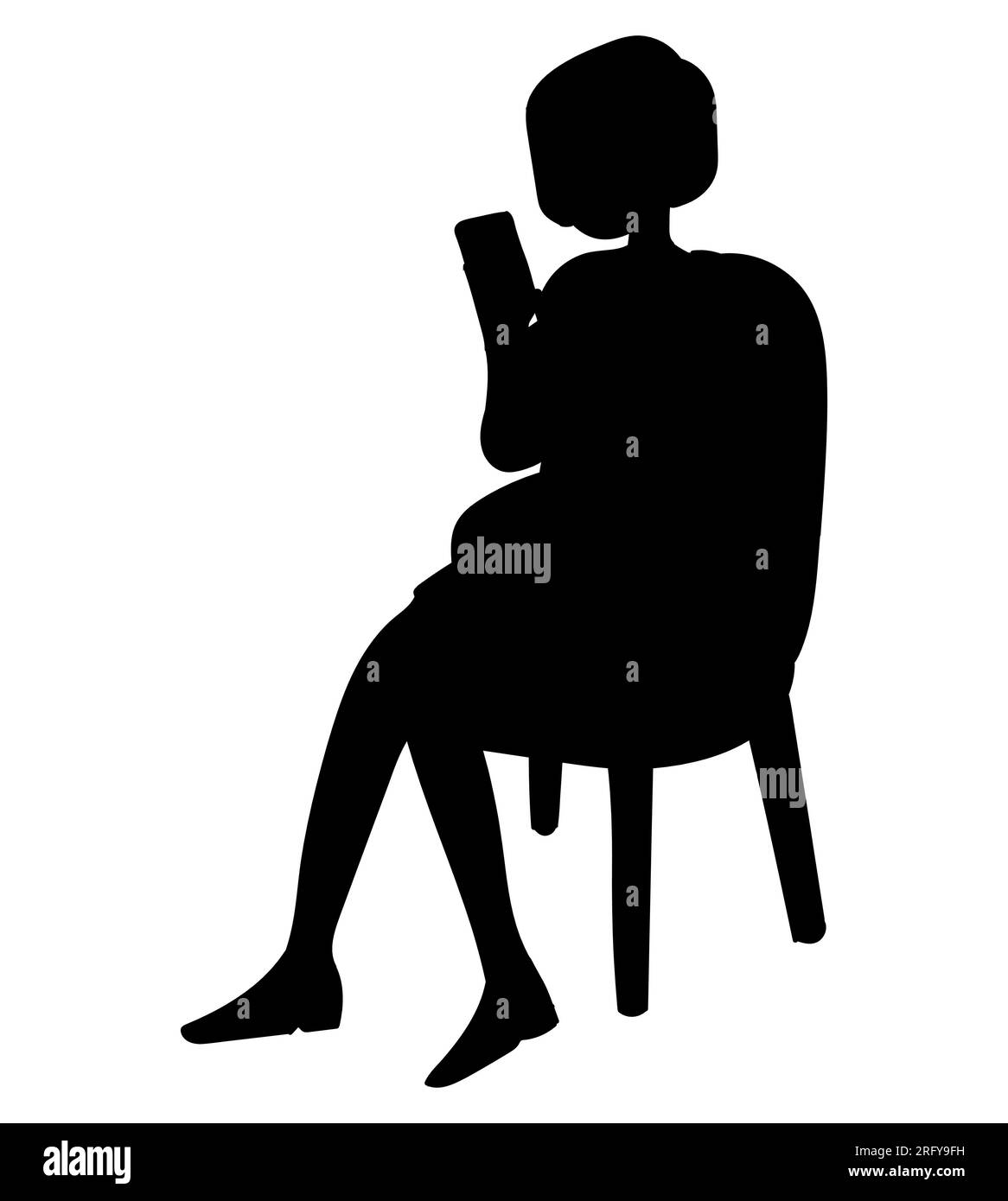 Black silhouette of a woman doing a video call on her mobile while sitting on a chair, vector isolated on white background Stock Vector