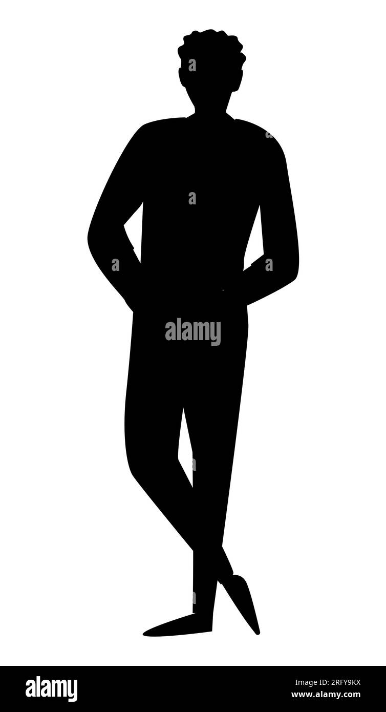 Black silhouette of a young male model standing with both hands in the pockets, vector illustration isolated on white background Stock Vector