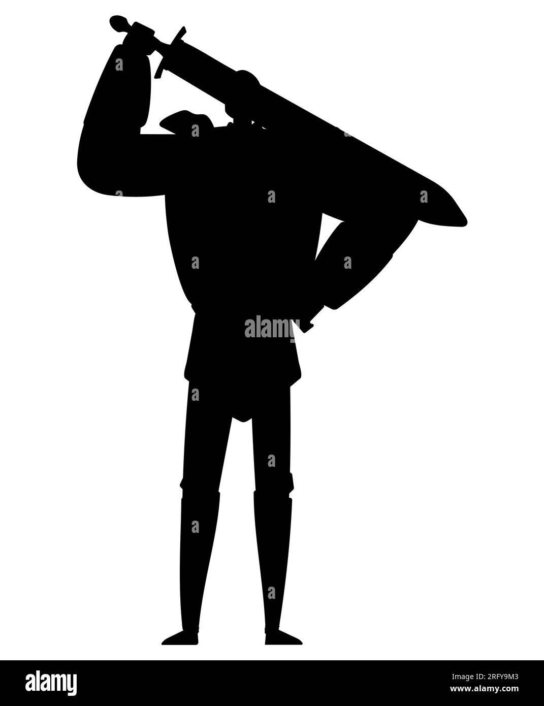 Black silhouette of a knight holding a sword, a male warrior ready to attack with a knife, vector isolated on white background Stock Vector