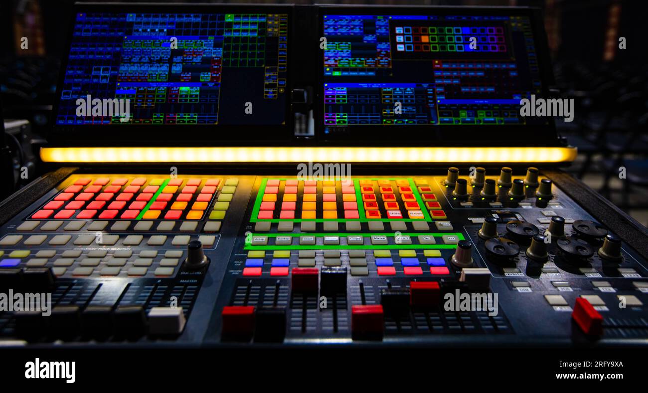 Lighting technician equipment in concert hall Stock Photo Alamy