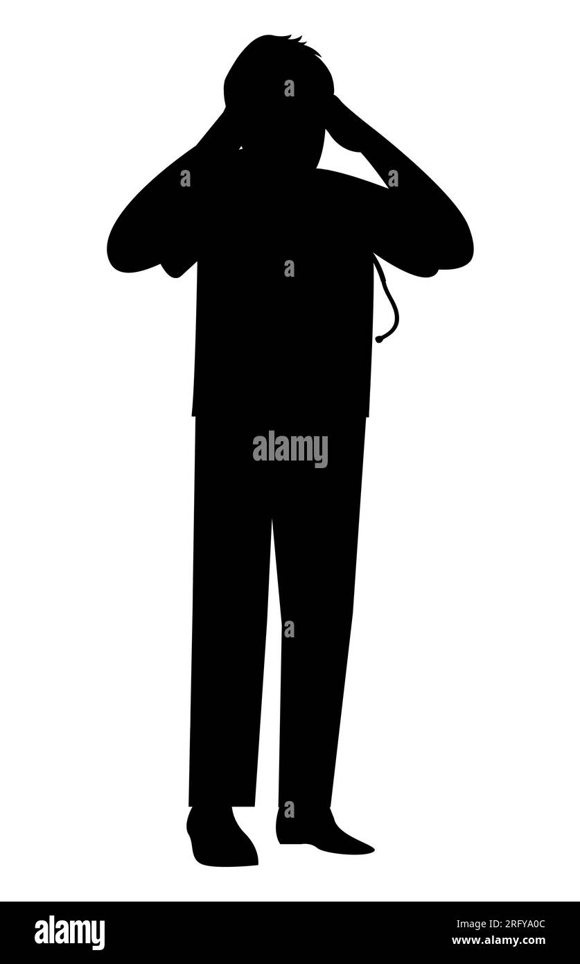 Black silhouette of a man frustrated due to workload, a male having panic attacks due to poor mental health care, vector Stock Vector