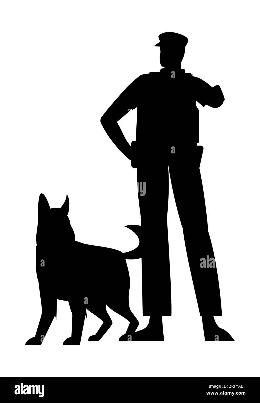 Black silhouette of a police officer with a police dog,  vector isolated on white background Stock Vector