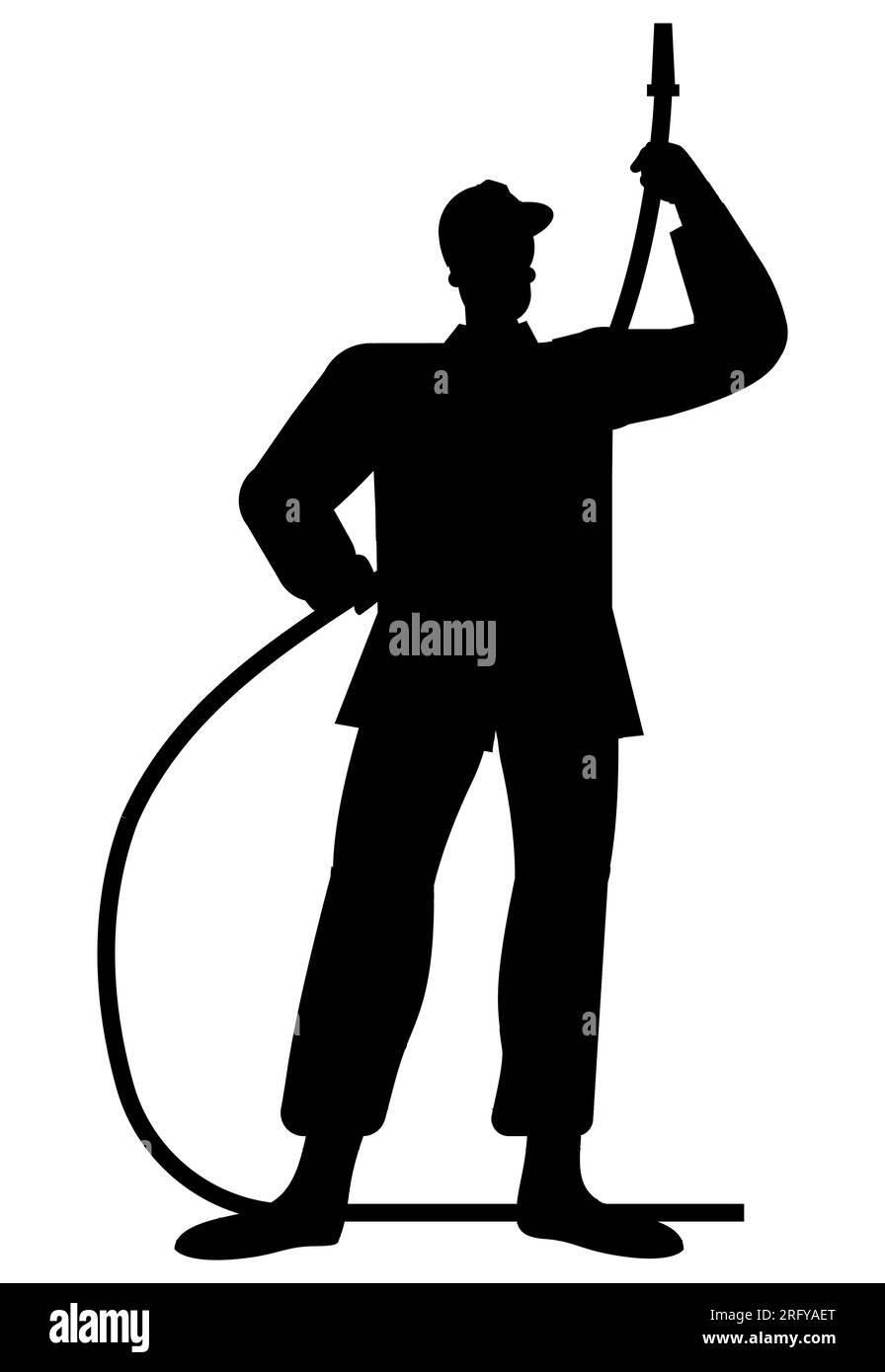 Black silhouette of a water utility worker with a water pipe in his hands,  vector isolated on white background Stock Vector