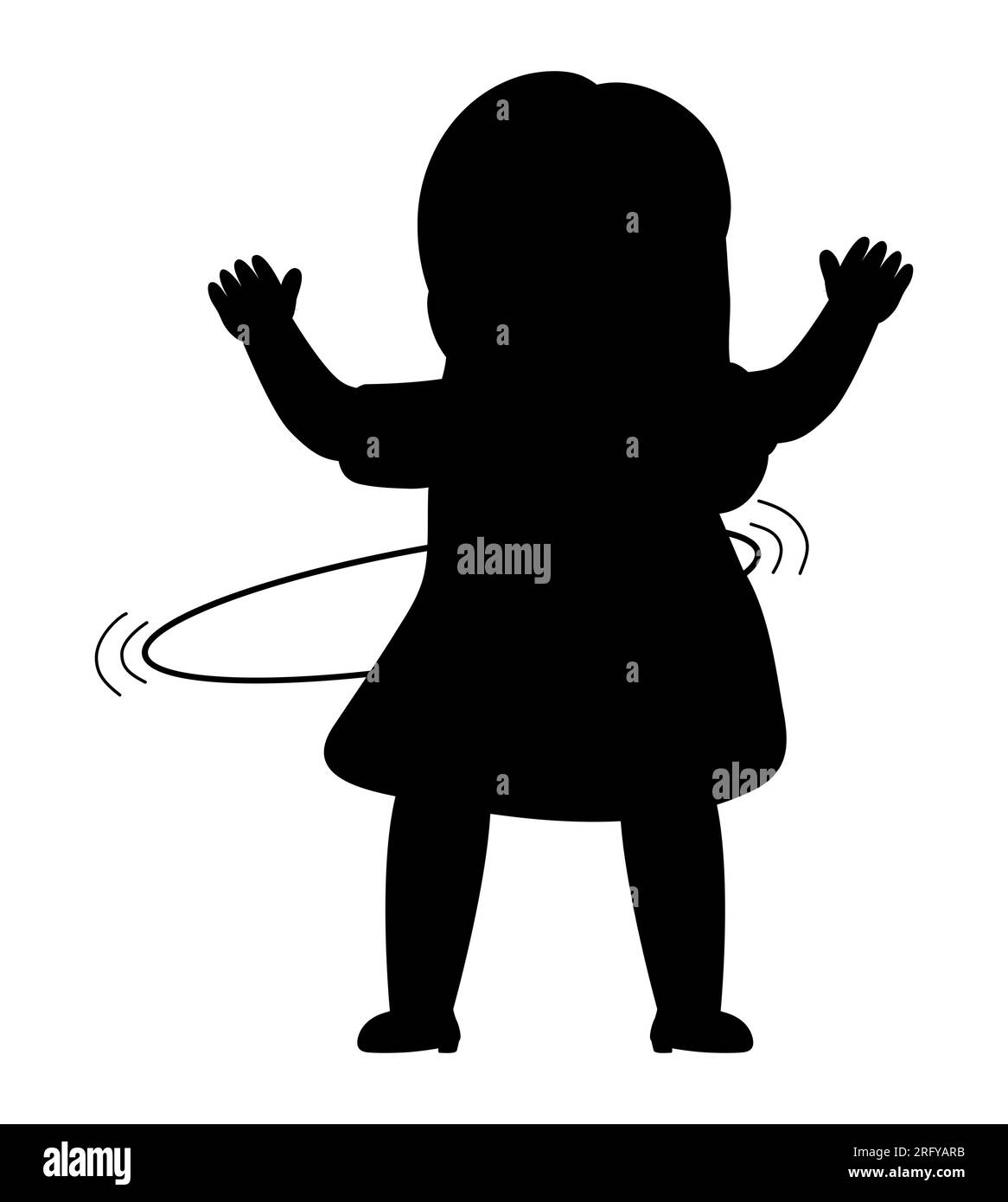 Black silhouette of a small girl kid playing with a hula hoop, children's sports, vector isolated on white background Stock Vector