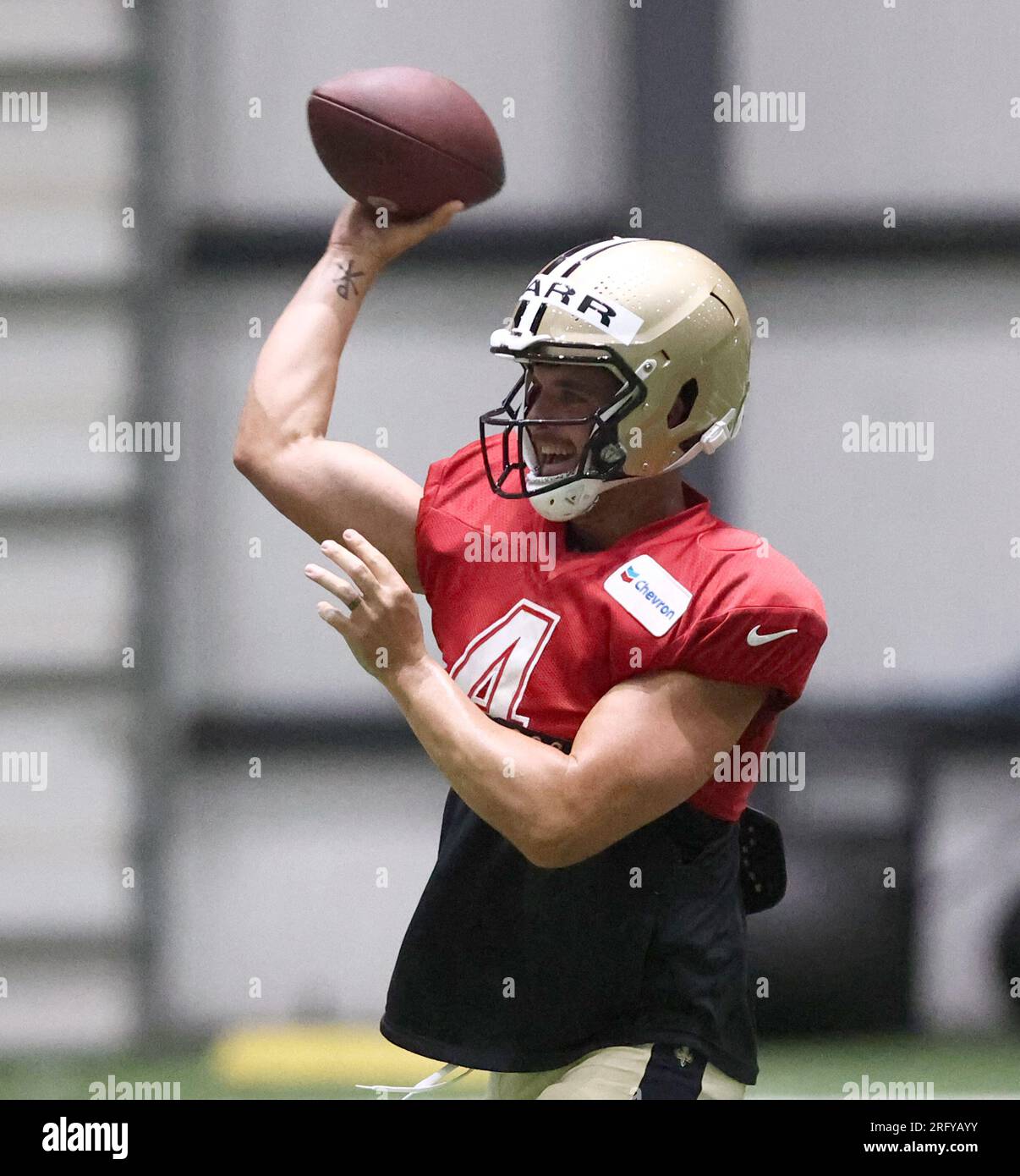 Metairie, USA. 06th Aug, 2023. Quarterback Derek Carr (4) attempts a