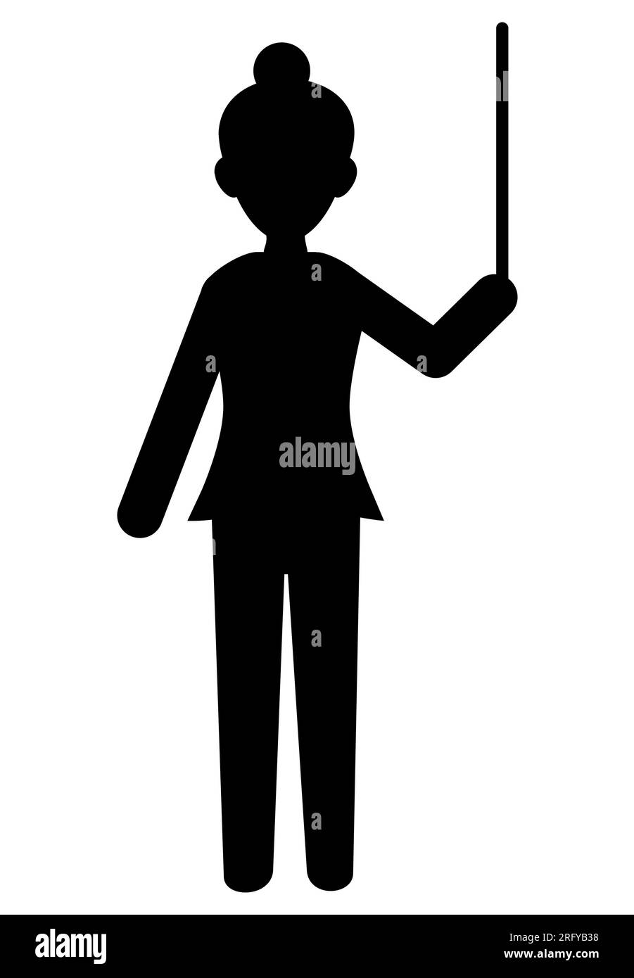 Black silhouette of a cartoon female teacher with a stick in her hands while teaching the class on board, vector isolated on white background Stock Vector