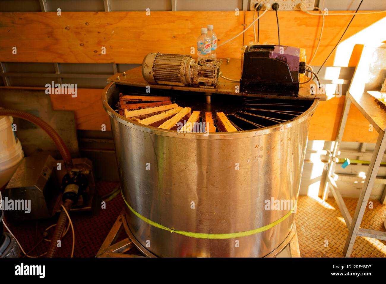 Beekeeping or apiculture, care of the bees, working hand on honey, apiary (also bee yard) with beehives and working beekeepers in australian outback, Stock Photo
