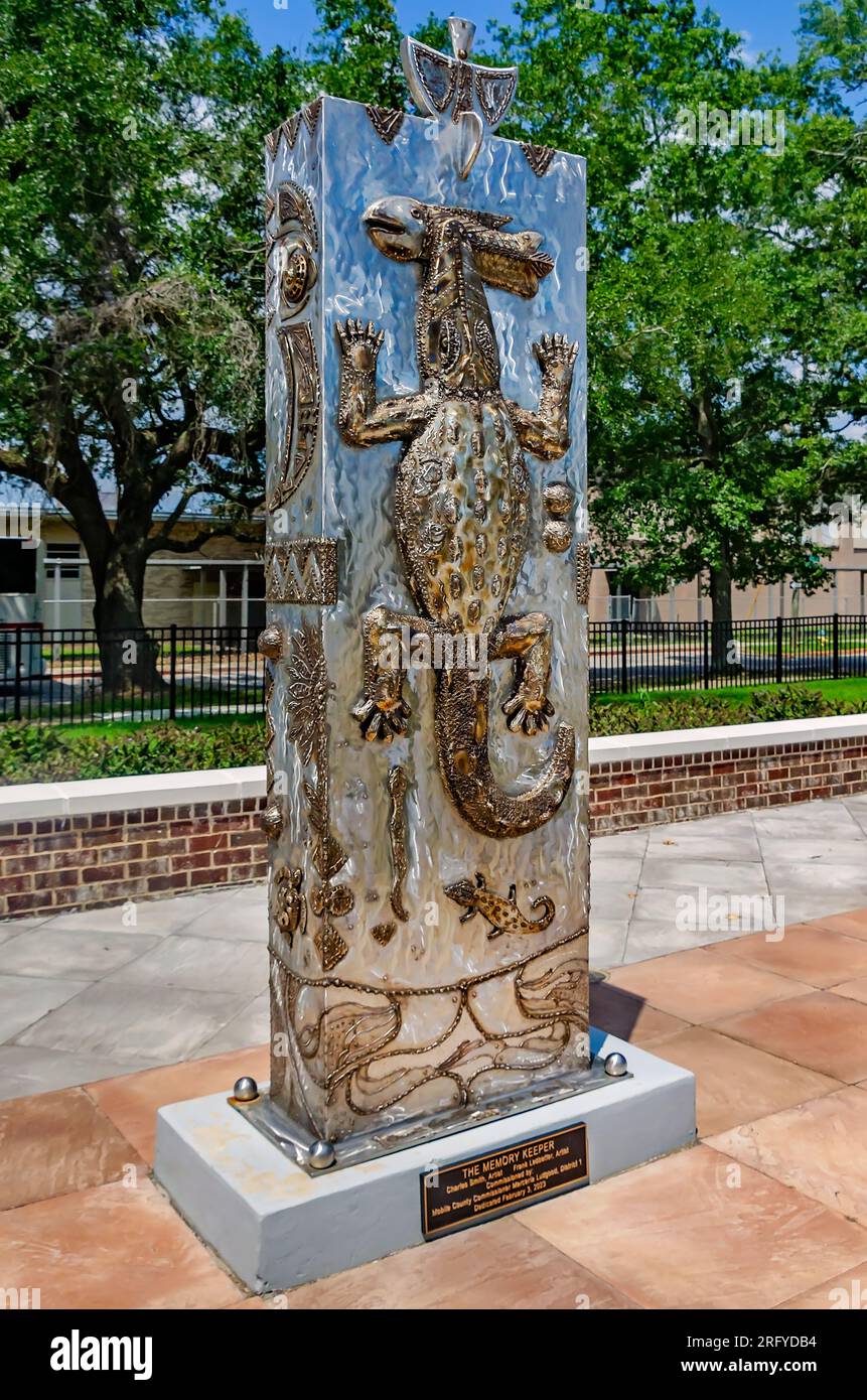 “The Memory Keeper,” a sculpture by artists Charles Smith and Frank Ledbetter, stands outside Africatown Heritage House museum in Mobile, Alabama. Stock Photo