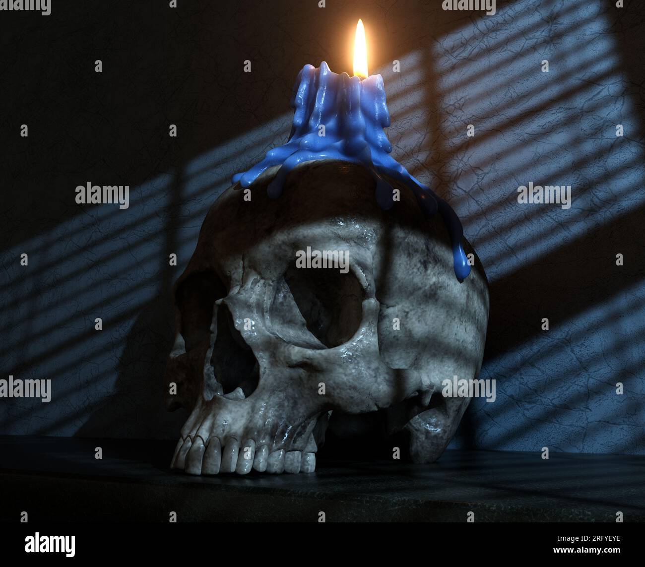 A macabre concept showing a human skull topped with a melting lit candle sitting on a shelf in a pale evening moonlit window  - 3D render Stock Photo