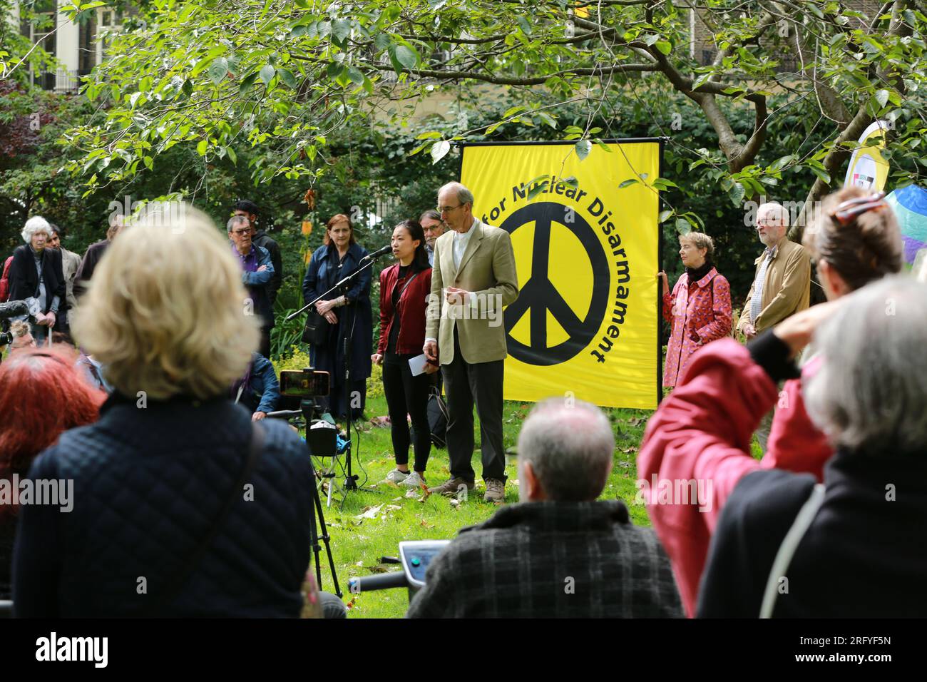 London, UK. 06 August 2023. Hiroshima Day commemorates the victims of the US atomic bombs dropped on Japan during World War II. The Hiroshima Remembered event in Tavistock Square was organized by the London Campaign for Nuclear Disarmament (CND). Gathered at the annual event, they call for a complete ban on nuclear weapons. Credit: Waldemar Sikora/Alamy Live News Stock Photo