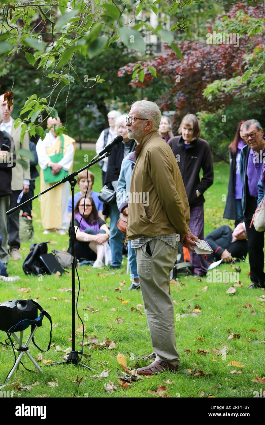 London, UK. 06 August 2023. Jeremy Corbyn MP. Hiroshima Day commemorates the victims of the US atomic bombs dropped on Japan during World War II. The Hiroshima Remembered event in Tavistock Square was organized by the London Campaign for Nuclear Disarmament (CND). Gathered at the annual event, they call for a complete ban on nuclear weapons. Credit: Waldemar Sikora/Alamy Live News Stock Photo