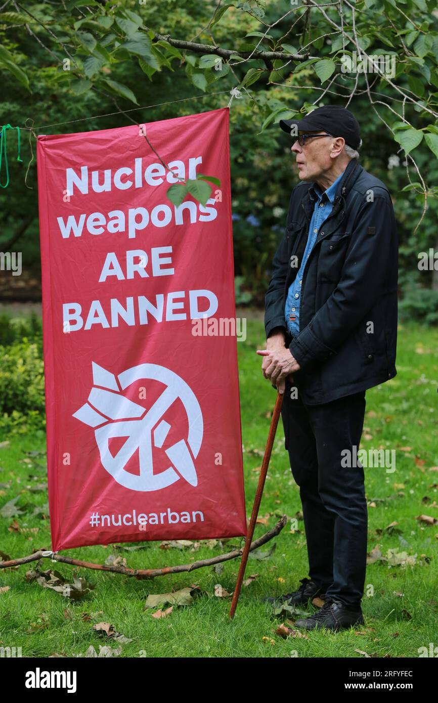 London, UK. 06 August 2023. Hiroshima Day commemorates the victims of the US atomic bombs dropped on Japan during World War II. The Hiroshima Remembered event in Tavistock Square was organized by the London Campaign for Nuclear Disarmament (CND). Gathered at the annual event, they call for a complete ban on nuclear weapons. Credit: Waldemar Sikora/Alamy Live News Stock Photo